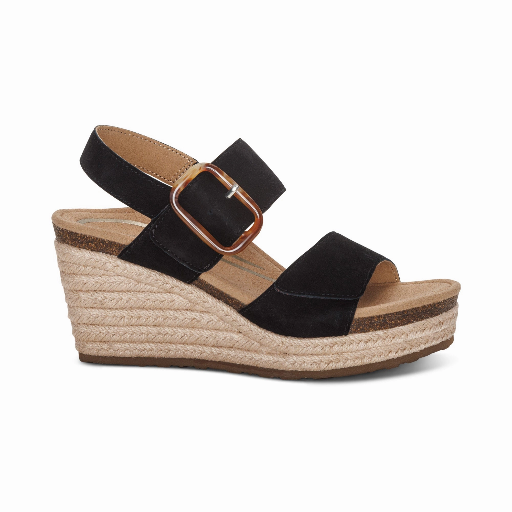 Aetrex Women's Ashley Espadrille Wedge Black Sandals Birkenstock