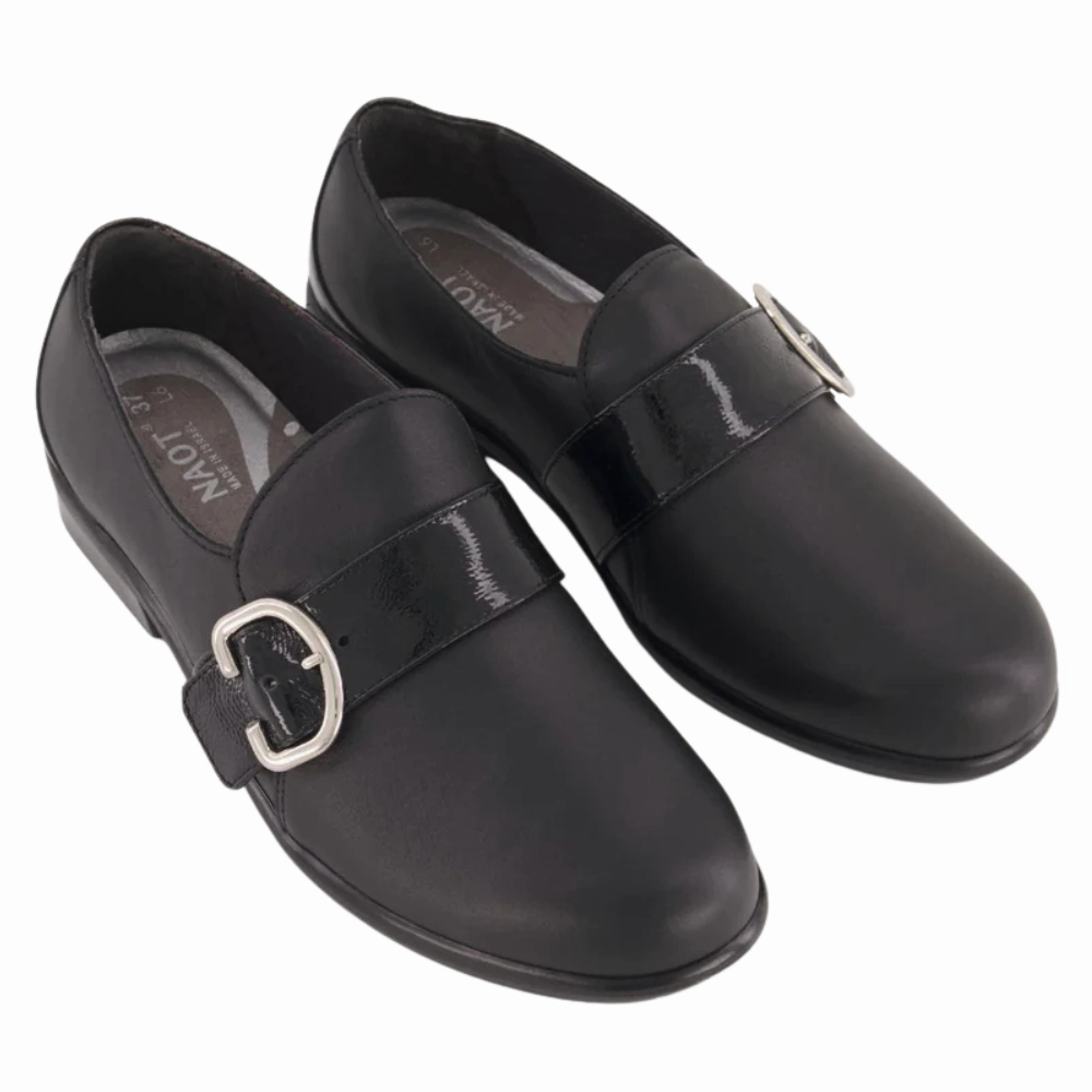 Naot Viscol Jet Black Leather/Black Crinkle Patent Leather Shoe (Women's) Criss Cross Shoes Flat