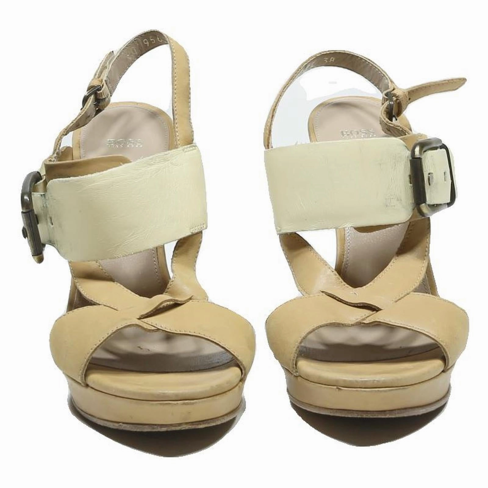 Sandals Membership Levels BOSS Womens Beige Leather Slingback Platform Sandals UK 5 Elegant Buckle Detail