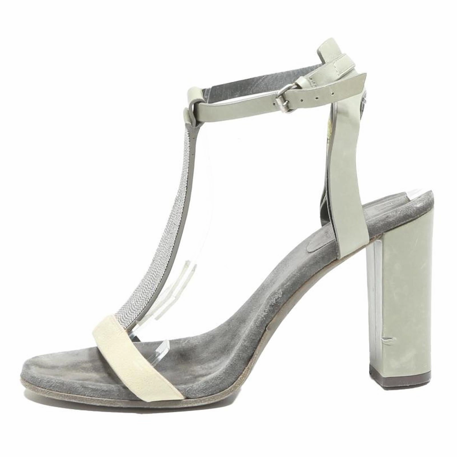 Oshkosh Sandals BRUNELLO CUCINELLI Womens T-Strap Block Heel Sandals Leather UK 7 Cream Grey