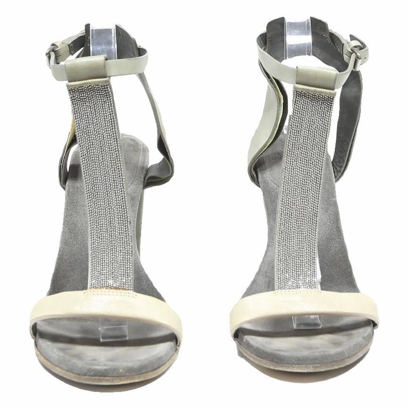 BRUNELLO CUCINELLI Womens T-Strap Block Heel Sandals Leather UK 7 Cream Grey Sandals Resorts Caribbean