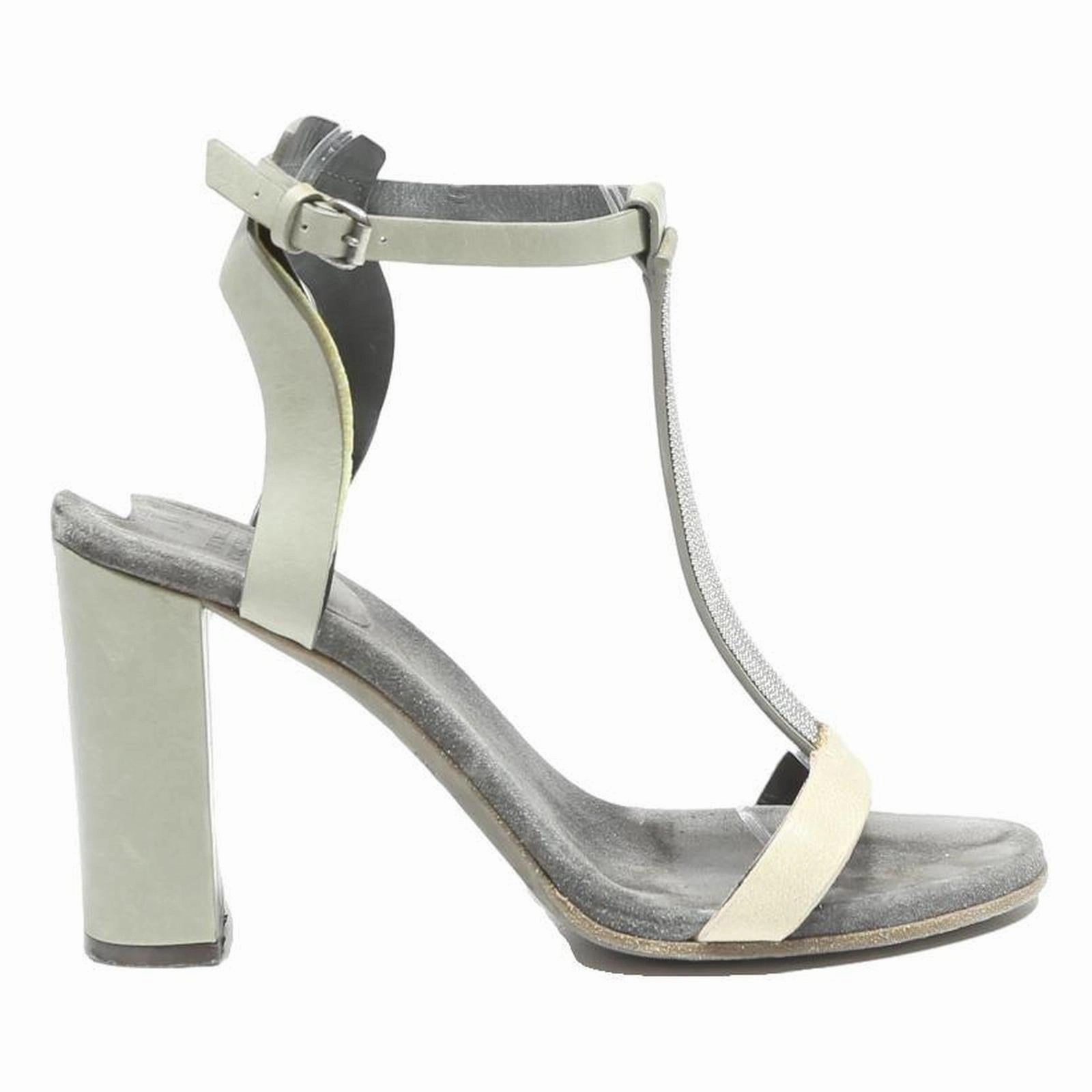 BRUNELLO CUCINELLI Womens T-Strap Block Heel Sandals Leather UK 7 Cream Grey Leggings And Sandals
