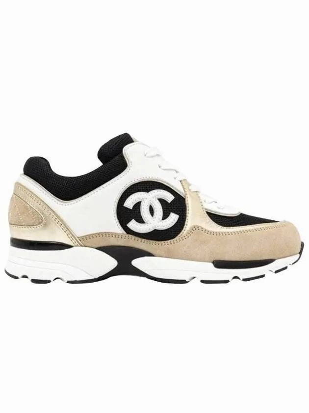 CC Logo Calfskin Fabric Low-Top Sneakers Beige Gold Chanel Dakota Johnson Sneakers