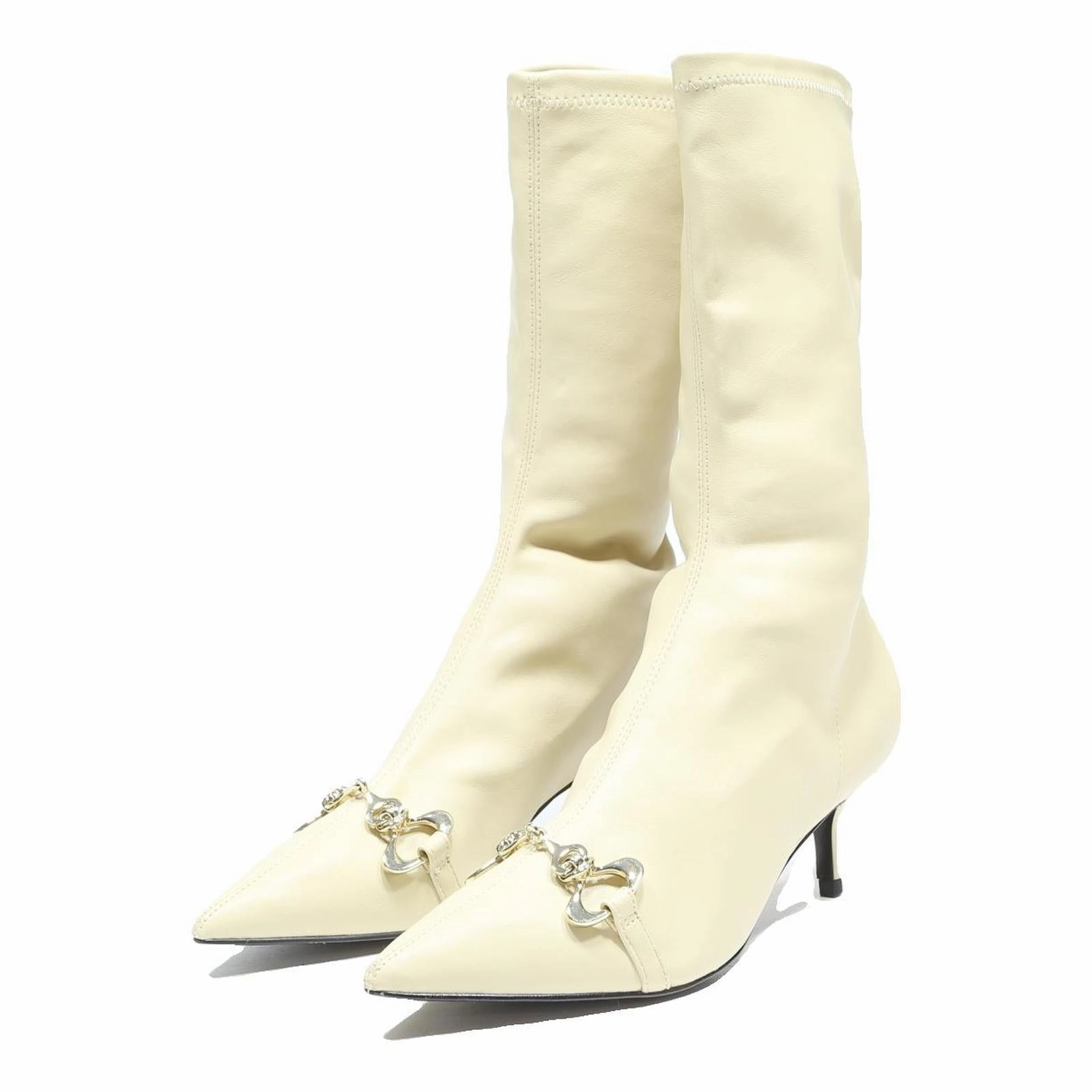 Insulated Snow Boots CHARLES & KEITH Pointed Toe Kitten Heel Womens Ankle Boots Cream Leather UK 3