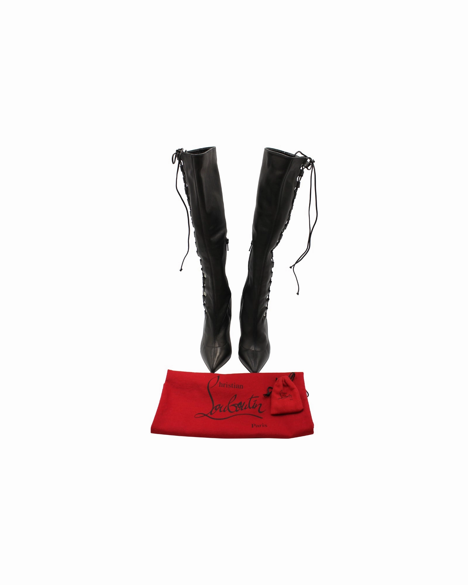 Christian Louboutin Lace-Up Knee Boots in Black Leather NULL Over The Knee Boots