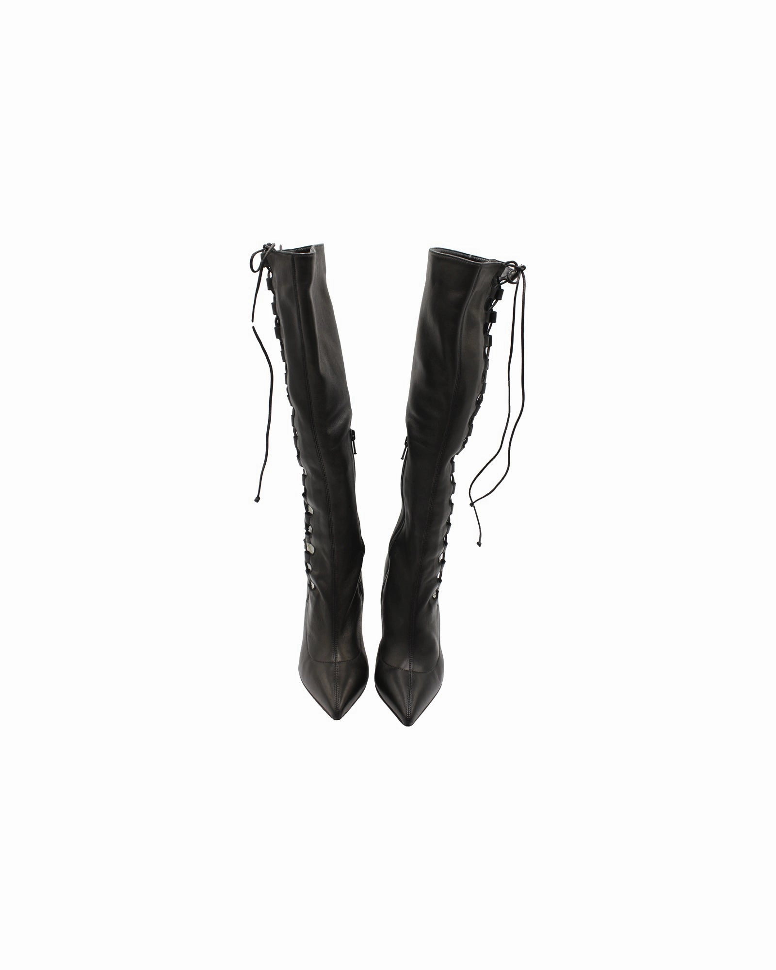 Mid Calf Platform Boots Christian Louboutin Lace-Up Knee Boots in Black Leather