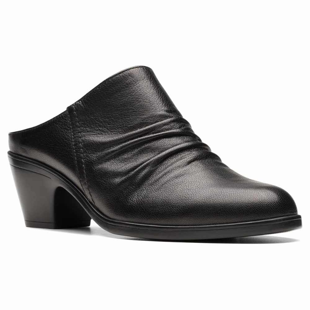 Shoes To Wear With Satin Dresses Clarks Emily 2 Charm Black Leather Mule (Women's)