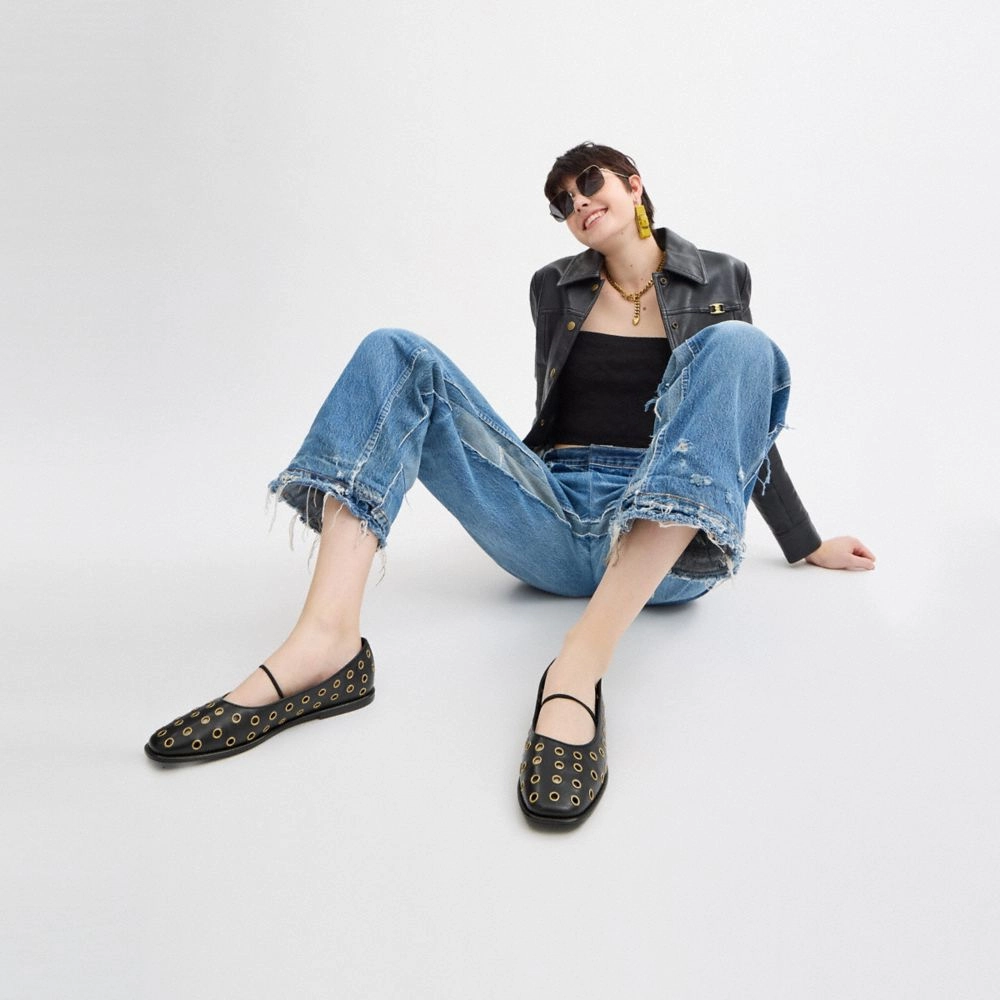 Coach Emilia Mary Jane With Grommets Black Running Flats Shoes