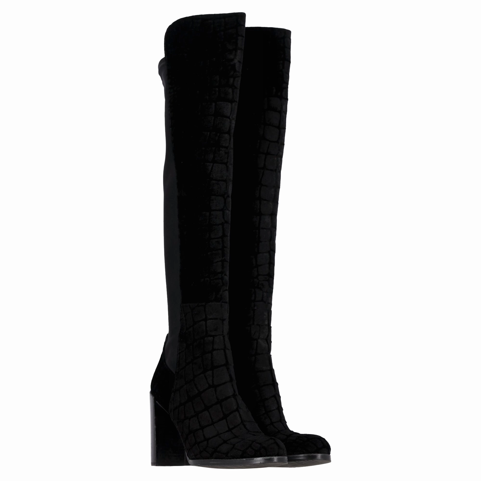 Stuart Weitzman Crocodile-Embossed Knee-High Heeled Boots in Black Velvet Knee High Rain Boots