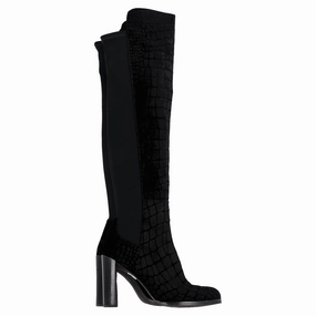Stuart Weitzman Crocodile-Embossed Knee-High Heeled Boots in Black Velvet Western Boots Made In Usa