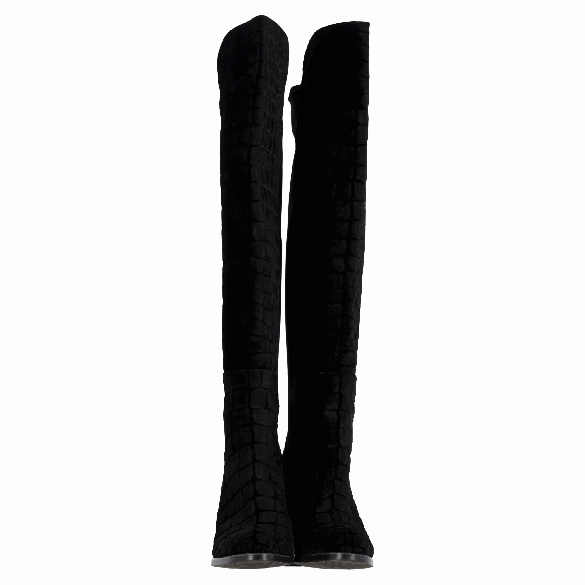 Stuart Weitzman Crocodile-Embossed Knee-High Heeled Boots in Black Velvet Dm Chelsea Boots