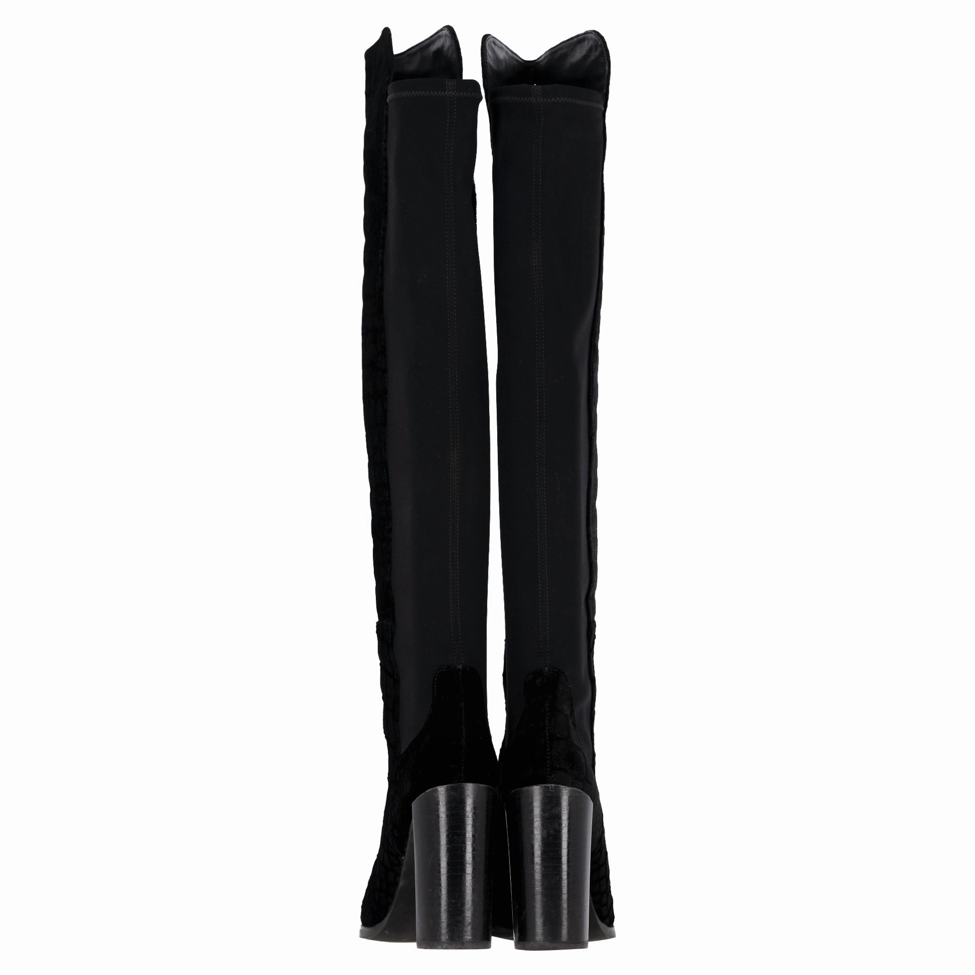 Margaux Boots Stuart Weitzman Crocodile-Embossed Knee-High Heeled Boots in Black Velvet