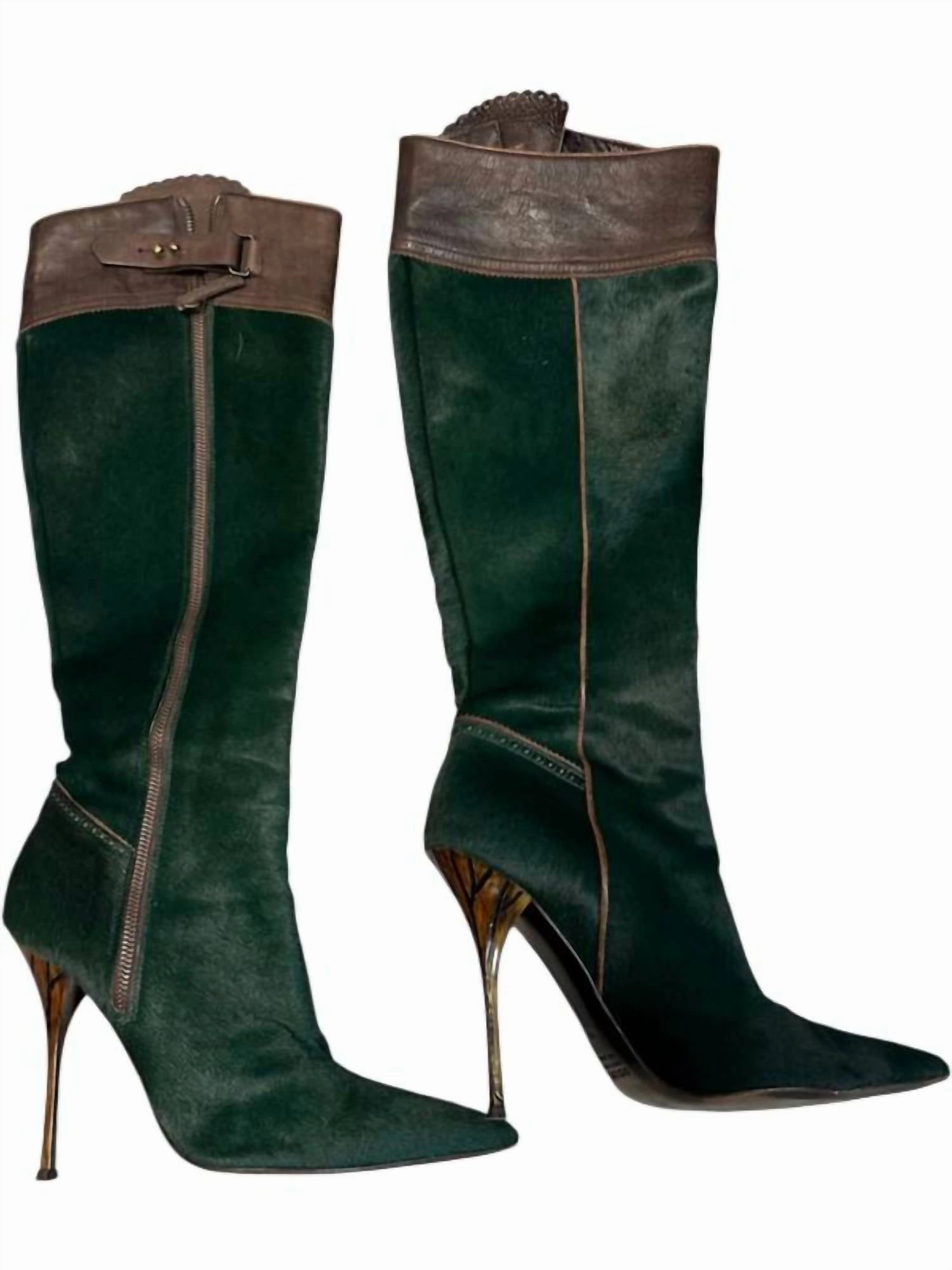 Pre-Loved Women Pony Style Calf Skin Boots In Dark Green/brown Cougar Paw Boots