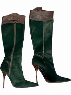 Pre-Loved Women Pony Style Calf Skin Boots In Dark Green/brown Winter Fur Boots