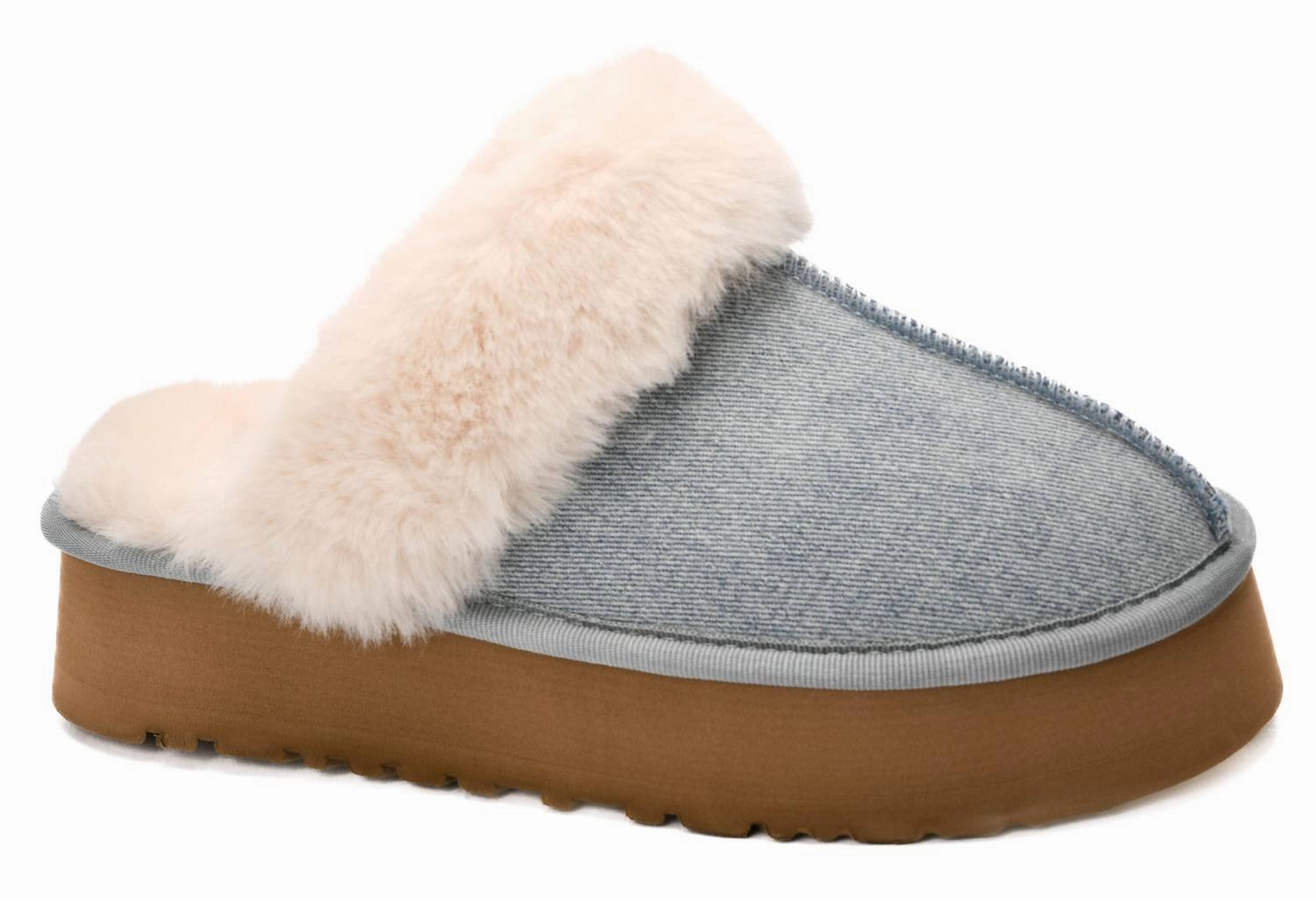 Cuddle Up Fur Slippers In Light Blue Denim Robe With Matching Slippers