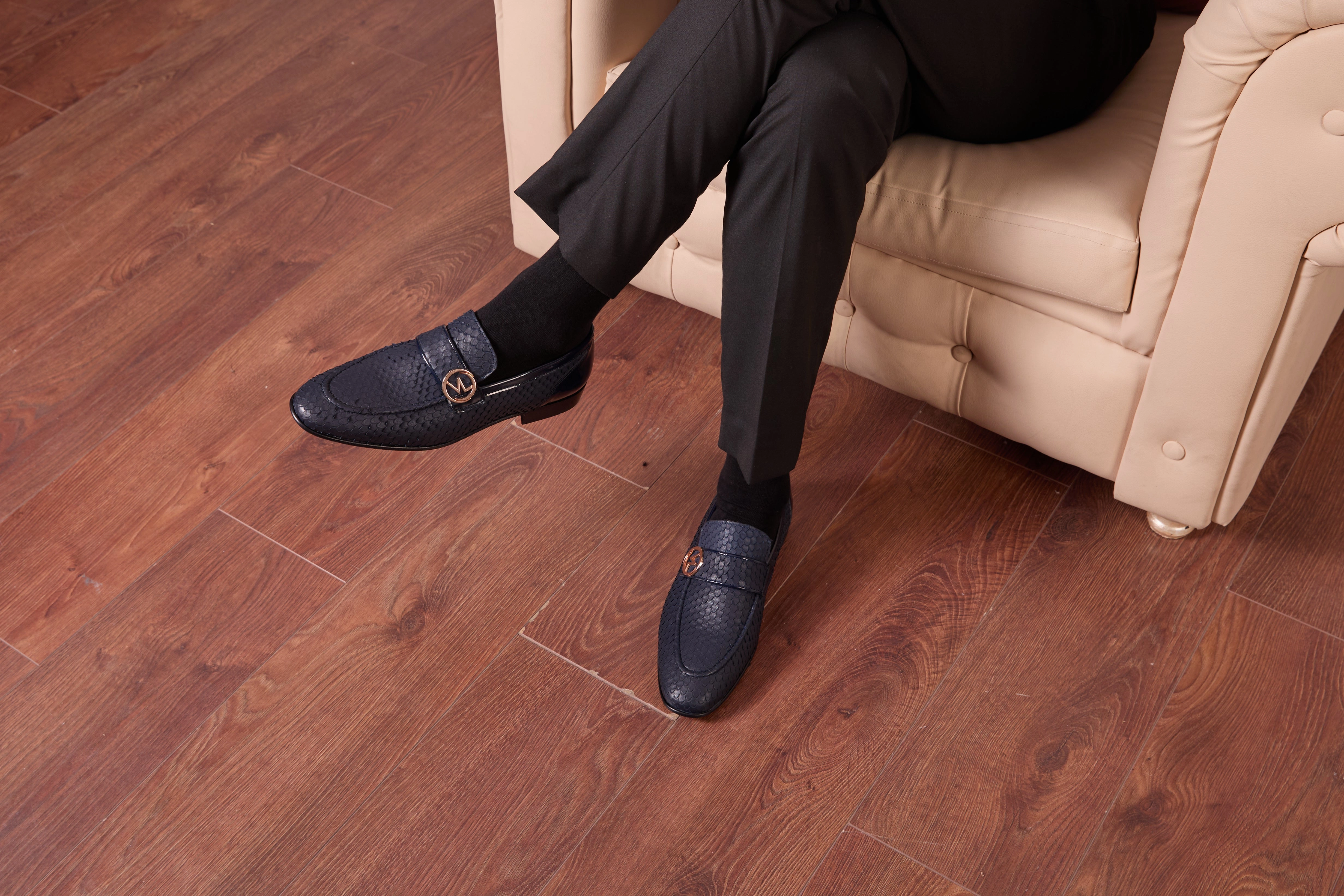 The Monarch Navy Blue Leather Men Dress Shoe Cognac Dress Shoes