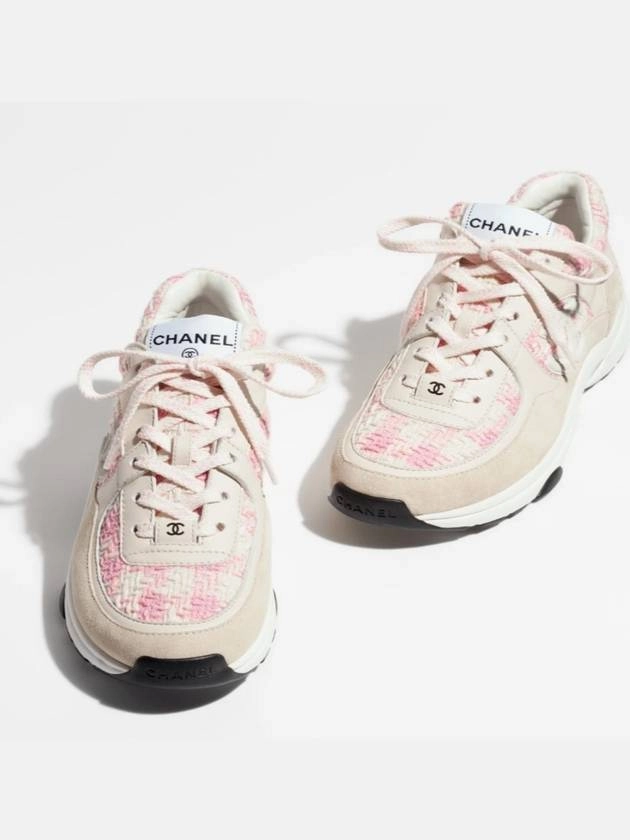 Berluti Sneakers CC Logo Cotton Tweed Suede Calfskin Low Top Sneakers Pink Ecru Chanel