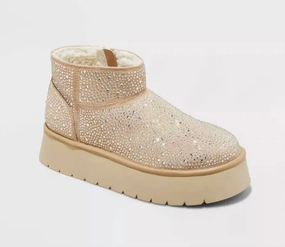 Women's Crystal Platform Slipper Boot In Beige Newborn Slippers