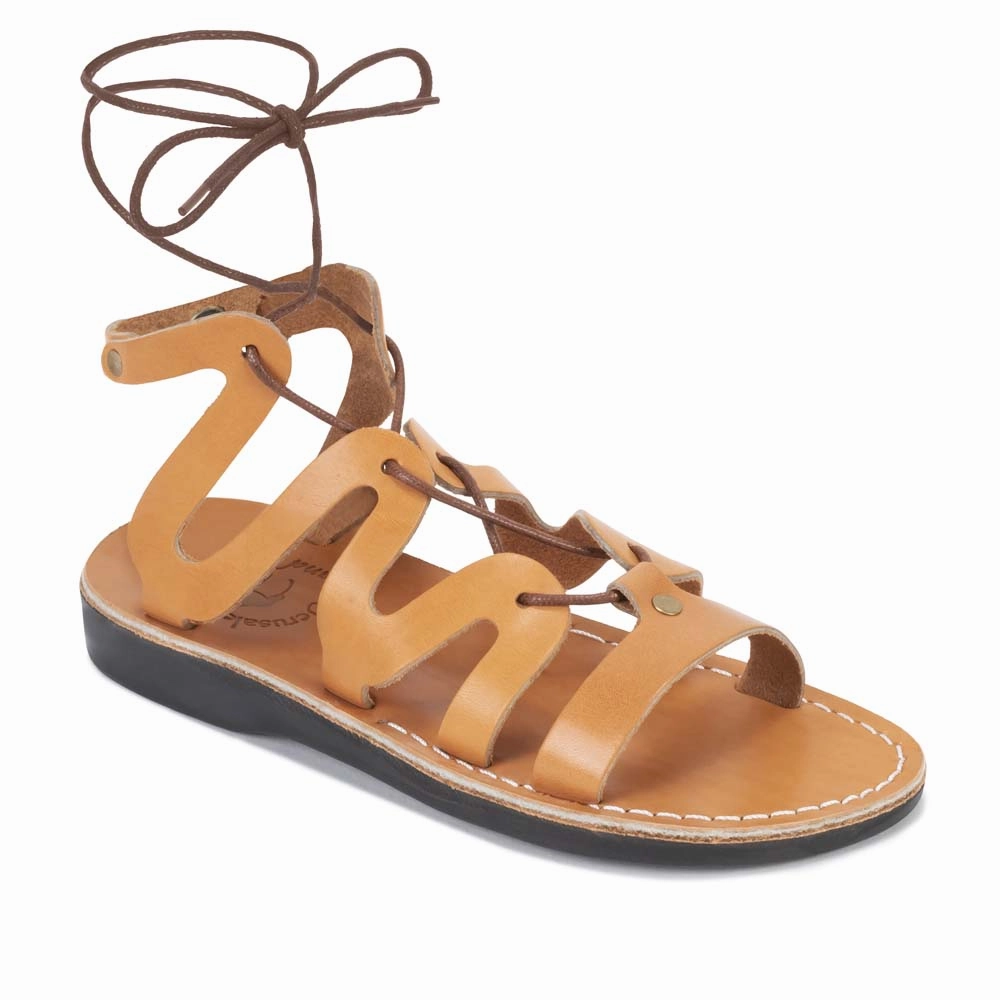 Emma - Leather Lace Up Sandal | Tan Kitten Heel Sandals