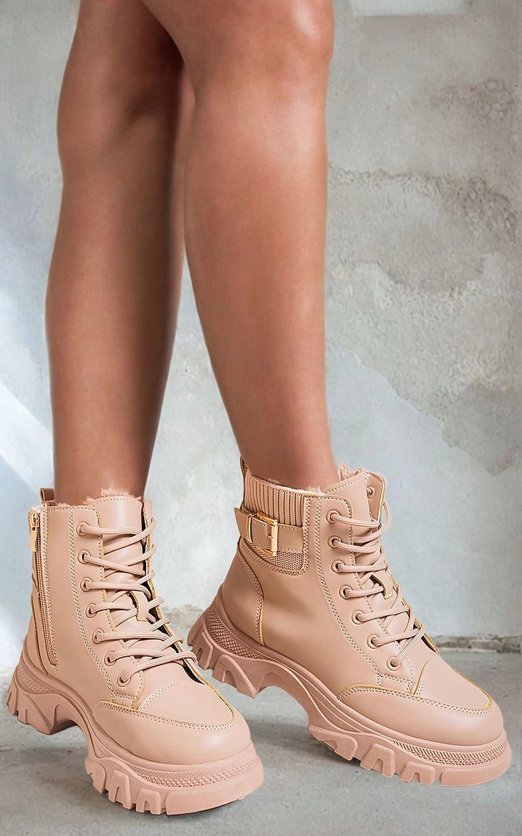 Ostrich Square Toe Boots Chunky Lace Up Platform Ankle Boots