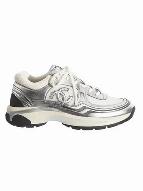 Fabric Laminated Low Top Sneakers Silver Chanel Lifestyle Sneakers