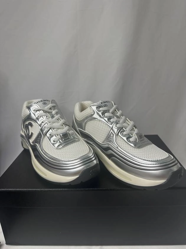 Fabric Laminated Low Top Sneakers Silver Chanel B Sneakers