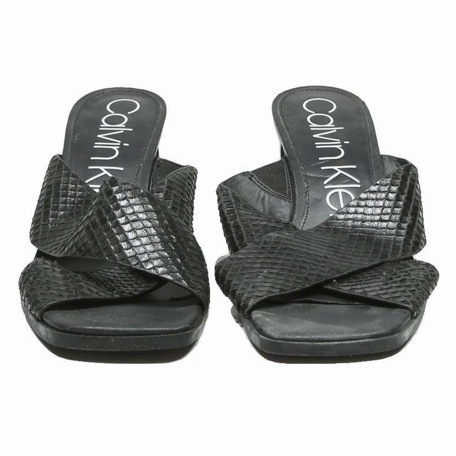 CALVIN KLEIN Womens Black Leather Strappy Block Heel Sandals UK 7 Elegant Sandals Handmade Authentic Heels Open Toe Bogolan Mudcloth