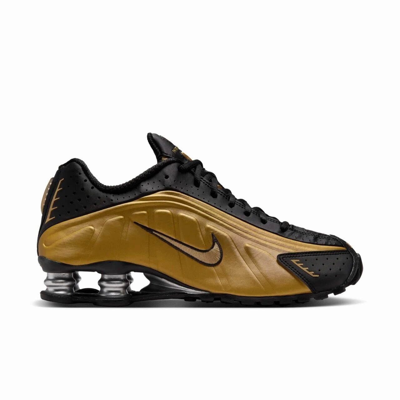Nike Gato Soccer Shoes WOMENS NIKE SHOX R4-BLACK/METALLIC GOLD-AR3565-005