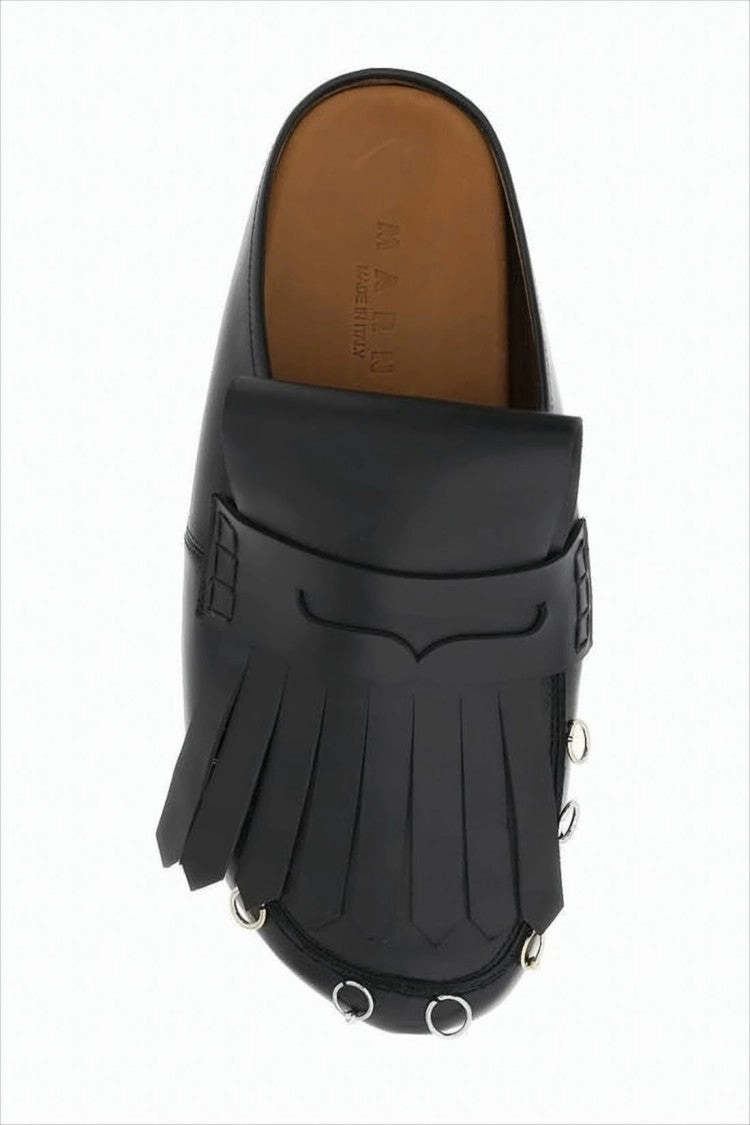 Fringed Black Calf Leather Slip-On Mules Praying Praying Loafers