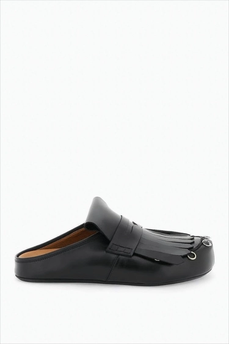 Fringed Black Calf Leather Slip-On Mules Perrine Loafers