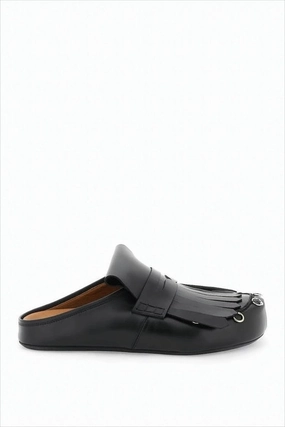 Brixton Loafers Fringed Black Calf Leather Slip-On Mules