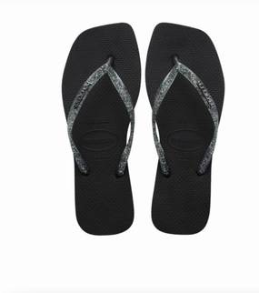 HAVAIANAS SLIM SQUARE LOGO METALLIC  - BLACK Hello Slippers