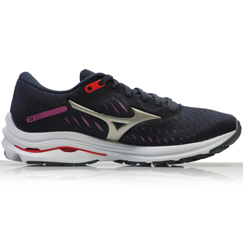 Great Running Shoes For Shin Splints Mizuno Wave Rider 24 Women's Running Shoe - India Ink/Platinum Gold