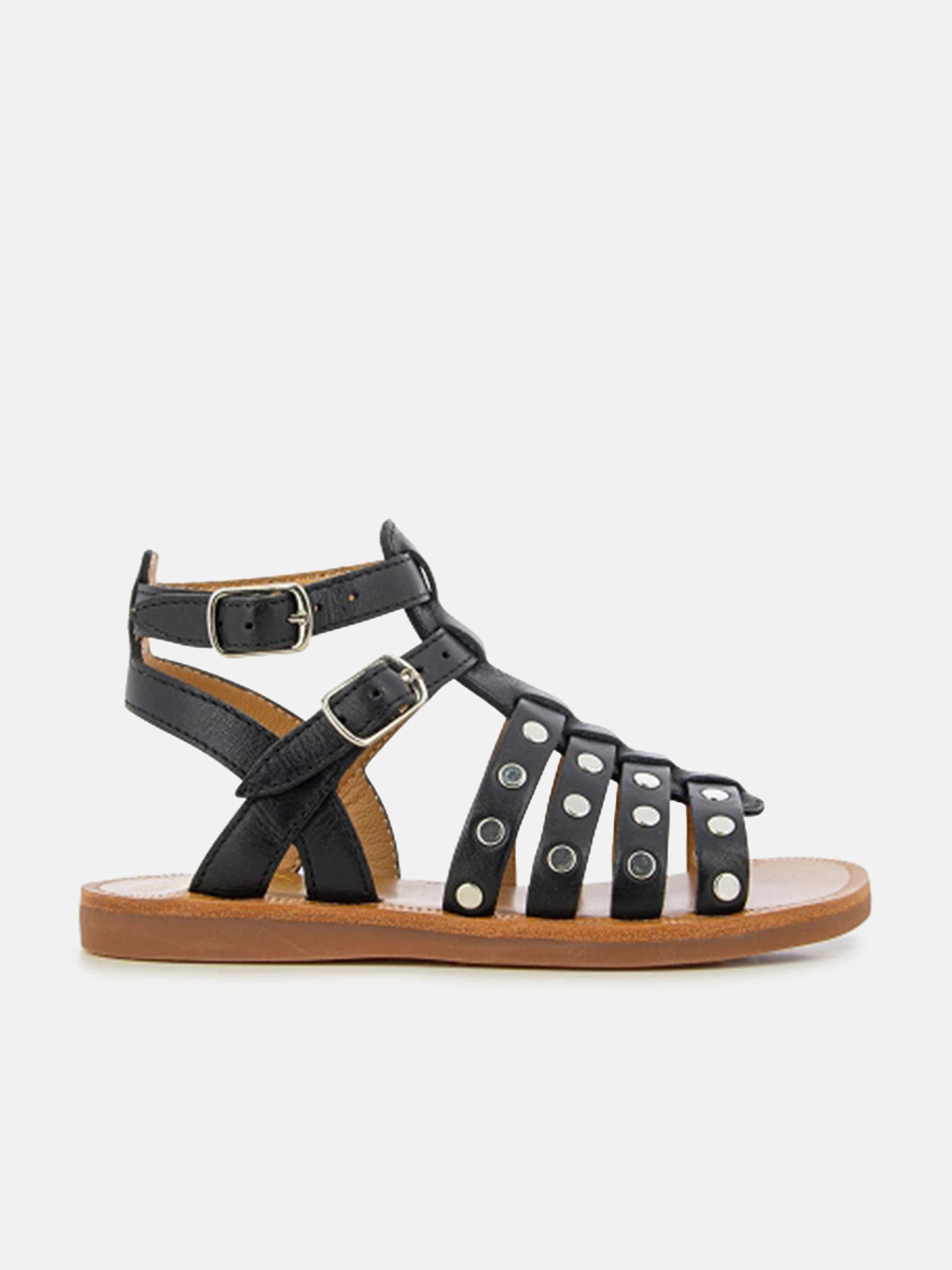 Pom D'Api Girls Leather Plagette Stud Sandals in Black Toe Strap Sandals