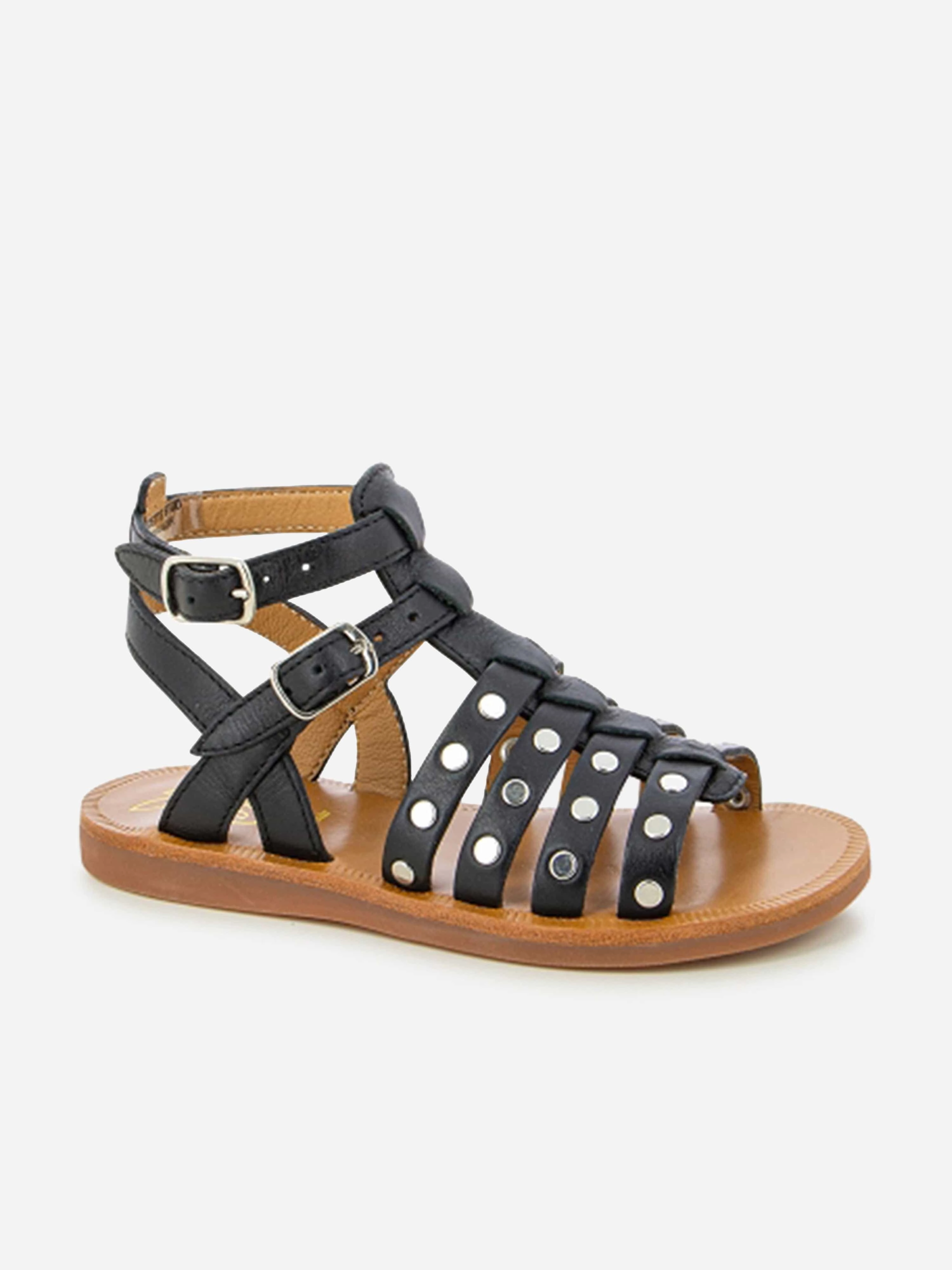 Waterproof Beach Sandals Pom D'Api Girls Leather Plagette Stud Sandals in Black
