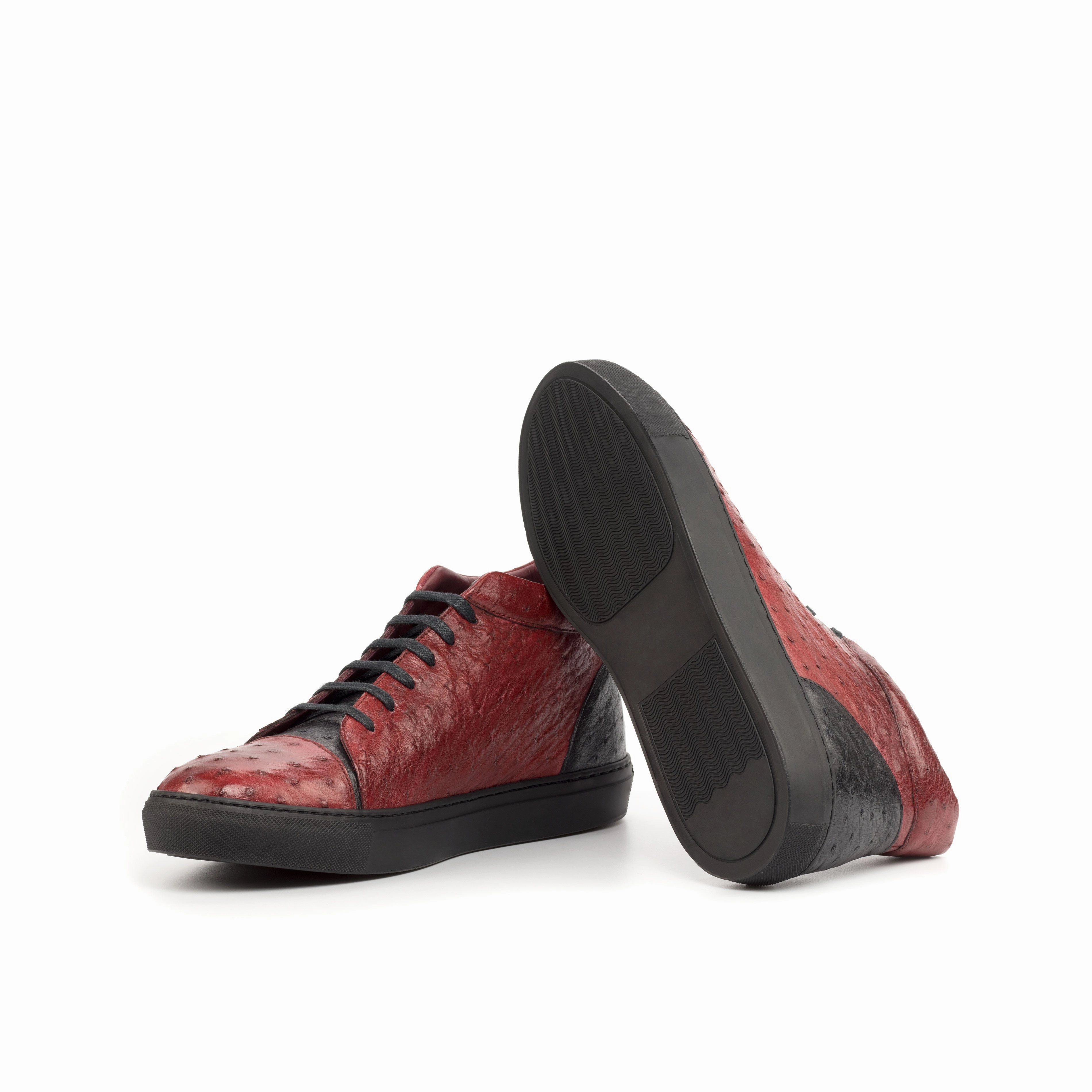 Red & Black Ostrich Leather High-Top Sneakers Best Dressy Sneakers