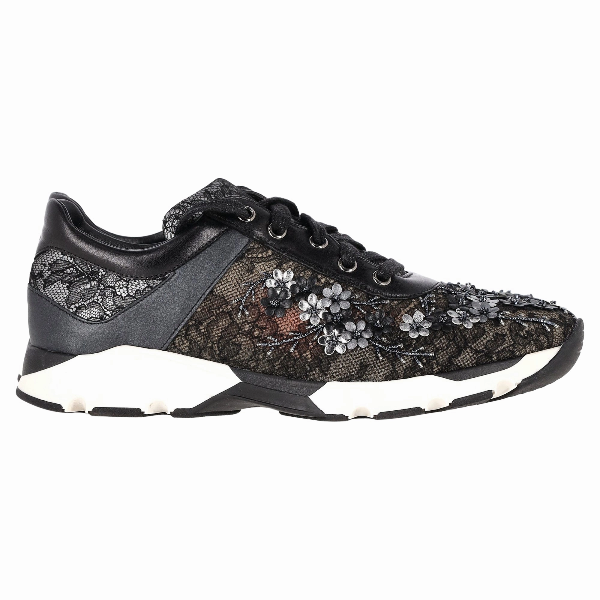 Rene Caovilla Embellished Lace Up Sneakers in Black Leather High Wedge Sneakers