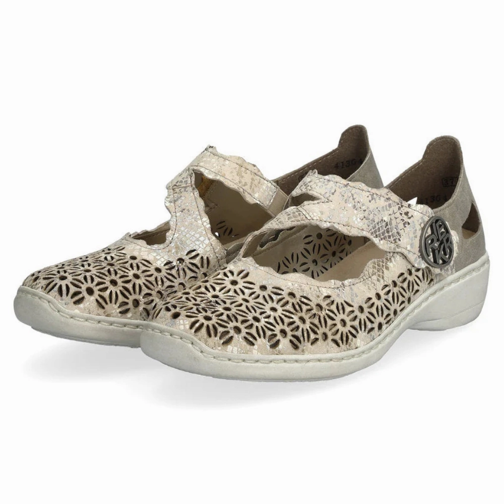 Rieker Doris G4 Beige Metallic Leather Shoe (Women's) Round Toe Flat Slingback Shoes