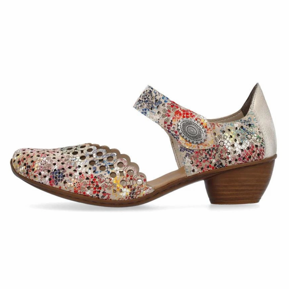 Rieker Mirjam 53 Beige Multi Leather Heel (Women's) Shoes To Wear With Mermaid Dress