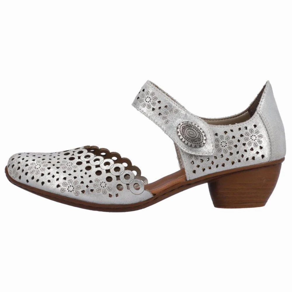 Dlats Military Leather Oxford Dress Shoe Rieker Mirjam 53 Silver Leather Heel (Women's)