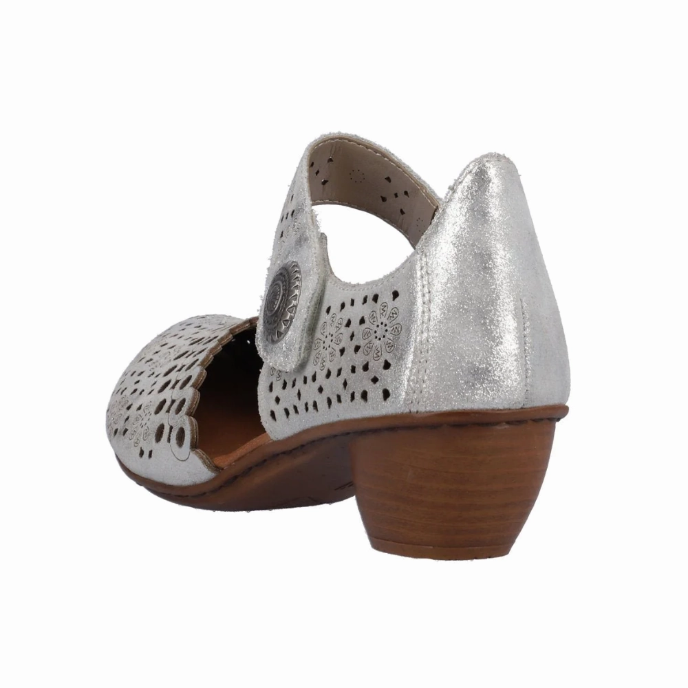 Rieker Mirjam 53 Silver Leather Heel (Women's) Shoes Dress Sandals