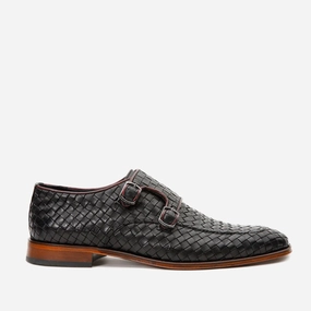 The Turan Black Woven Double Monk Strap Dress Men Shoe Lacing Up Dress Shoes