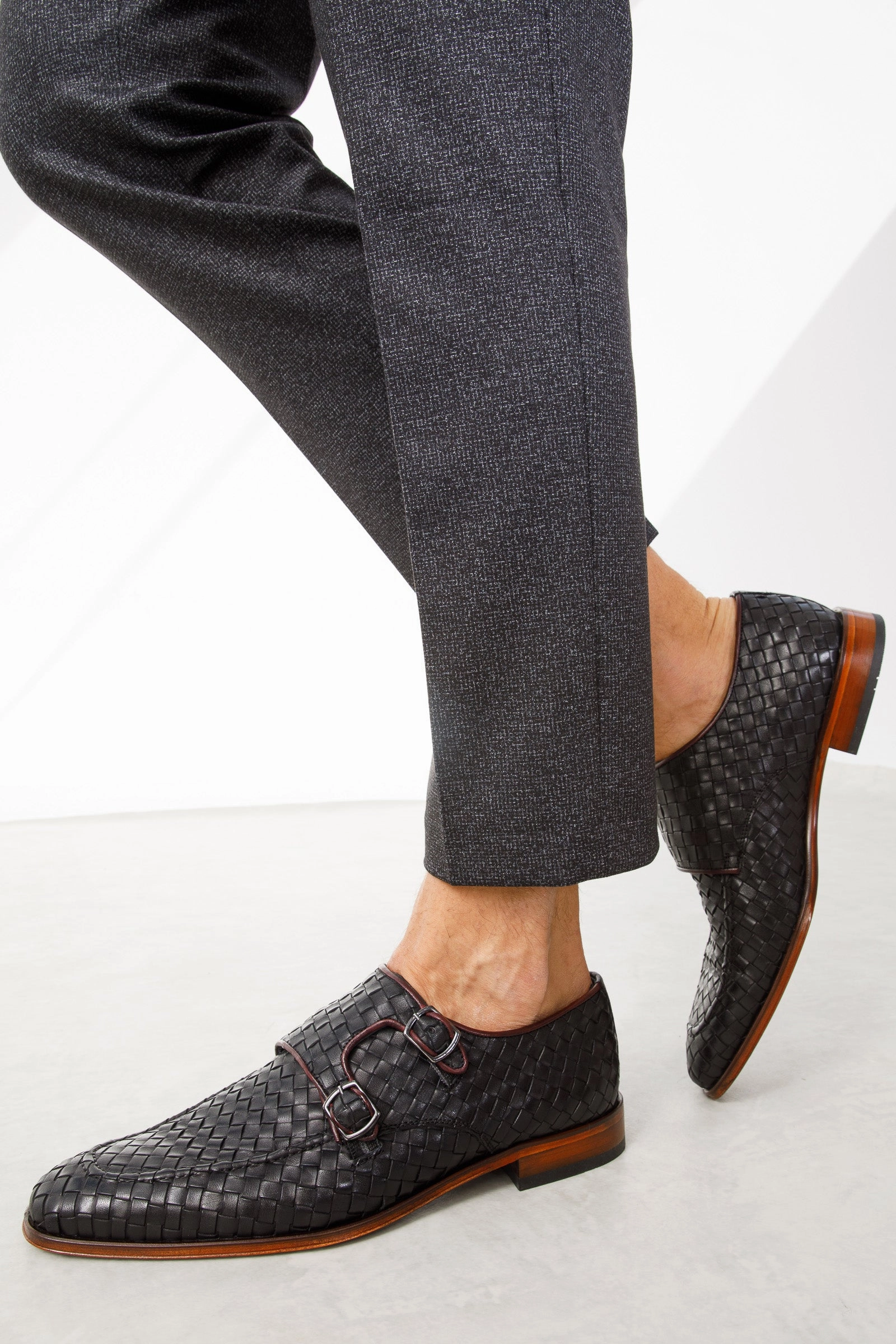 The Turan Black Woven Double Monk Strap Dress Men Shoe Low Wedge Heel Dress Shoes