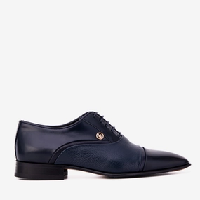 The Rockwell Handmade Navy Blue Leather Cap Toe Men Oxford Shoe Dress And Gold Shoes