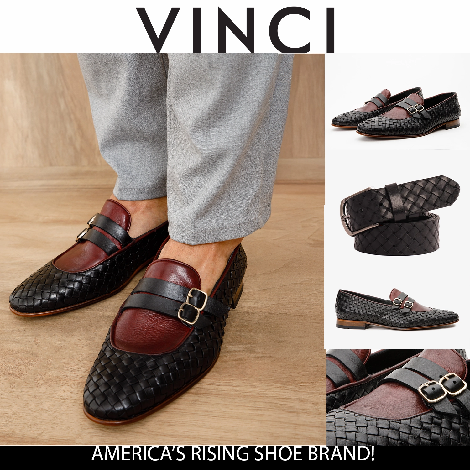 Flat Shoes Formal Dress The Vatra Black & Burgundy Woven Double Monk Strap Men Shoe