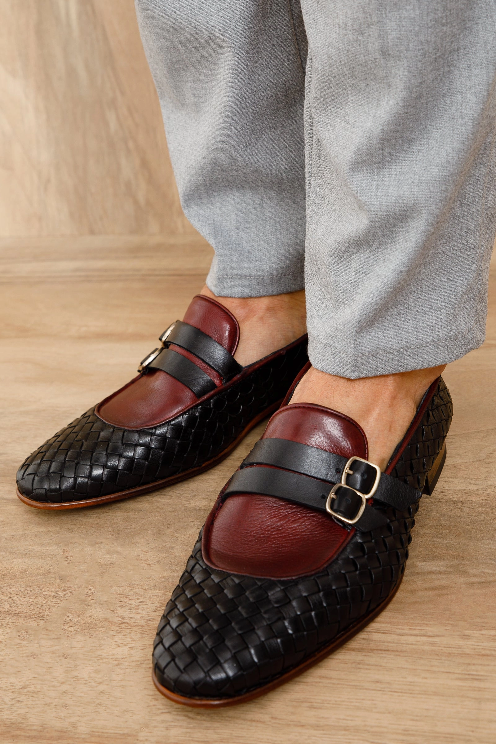 Mary Jane Dress Shoes The Vatra Black & Burgundy Woven Double Monk Strap Men Shoe