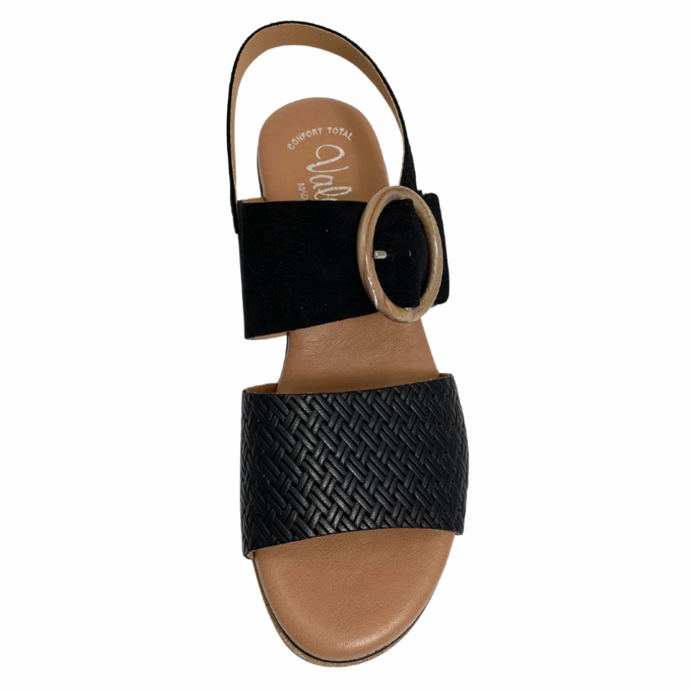 Valeria's Kellyjo Black Supple Leather Sandal (Women's) Sandals With Low Wedge