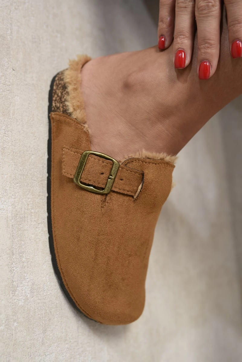 Suede Flip-Flops Sandals With Fur Cork Wedge Platform Sandals