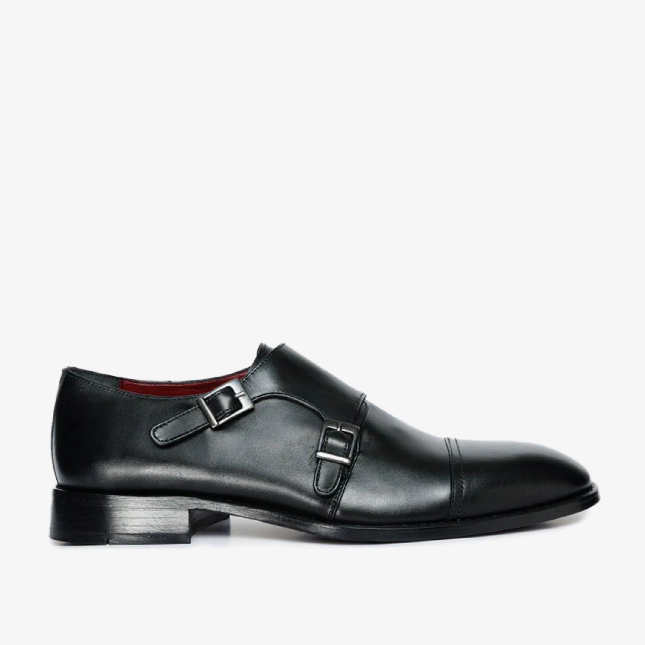 Denim Dress And Shoes The Essen Black Leather Cap Toe Double Monk Strap Men Shoe
