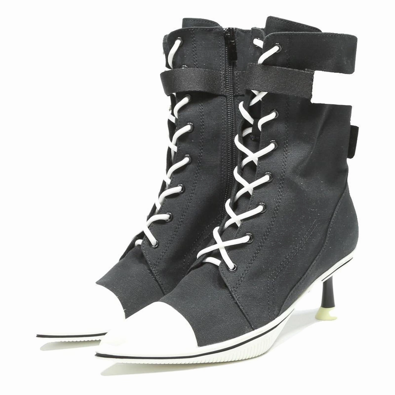 CHARLES & KEITH Womens Lace-Up Canvas Ankle Boots Black & White UK 2 Stylish Over The Knee Boots Sale
